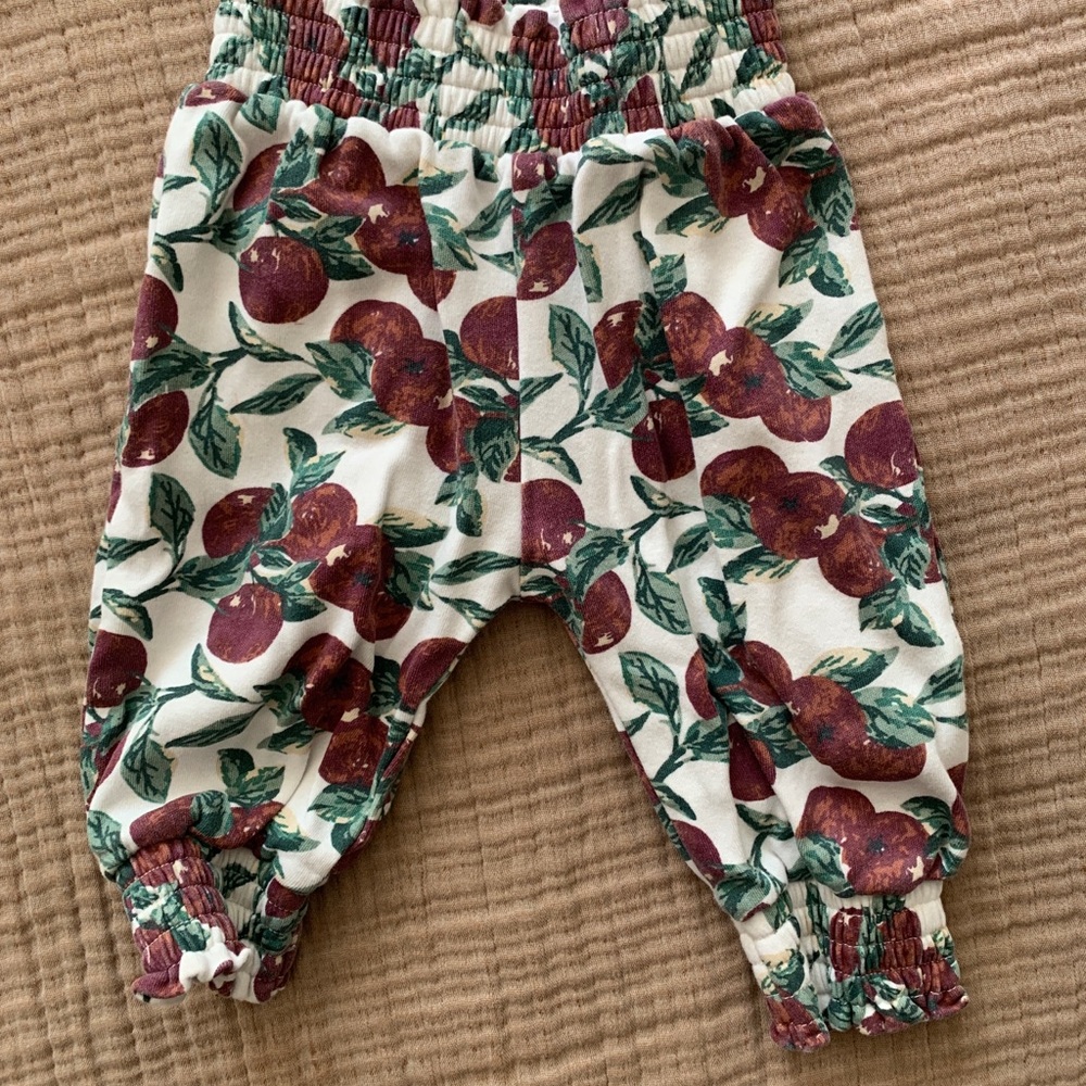 kate quinn Cream Baby Pants with Plum Fruit Print and Green Leaves
